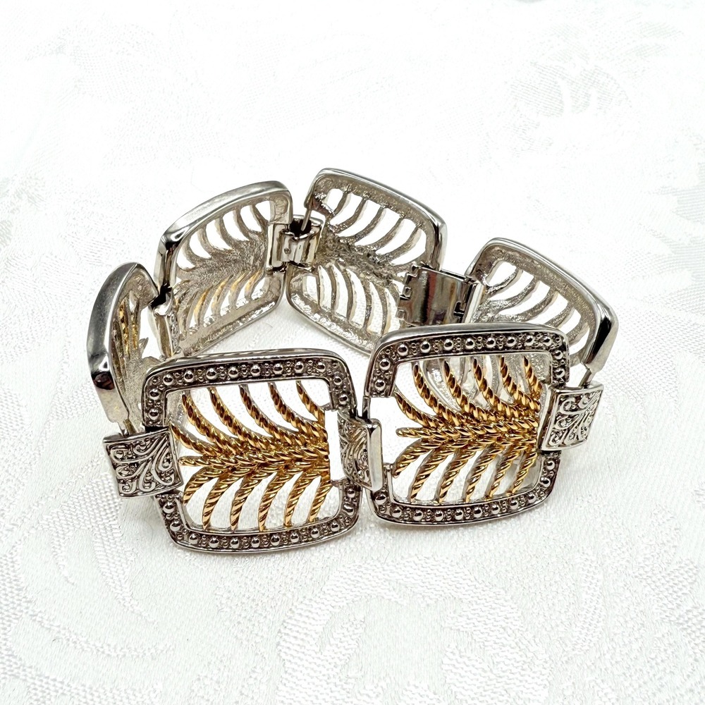 Vintage‎ Gold & Silver Tone Leaf Feather Chain Link Bracelet